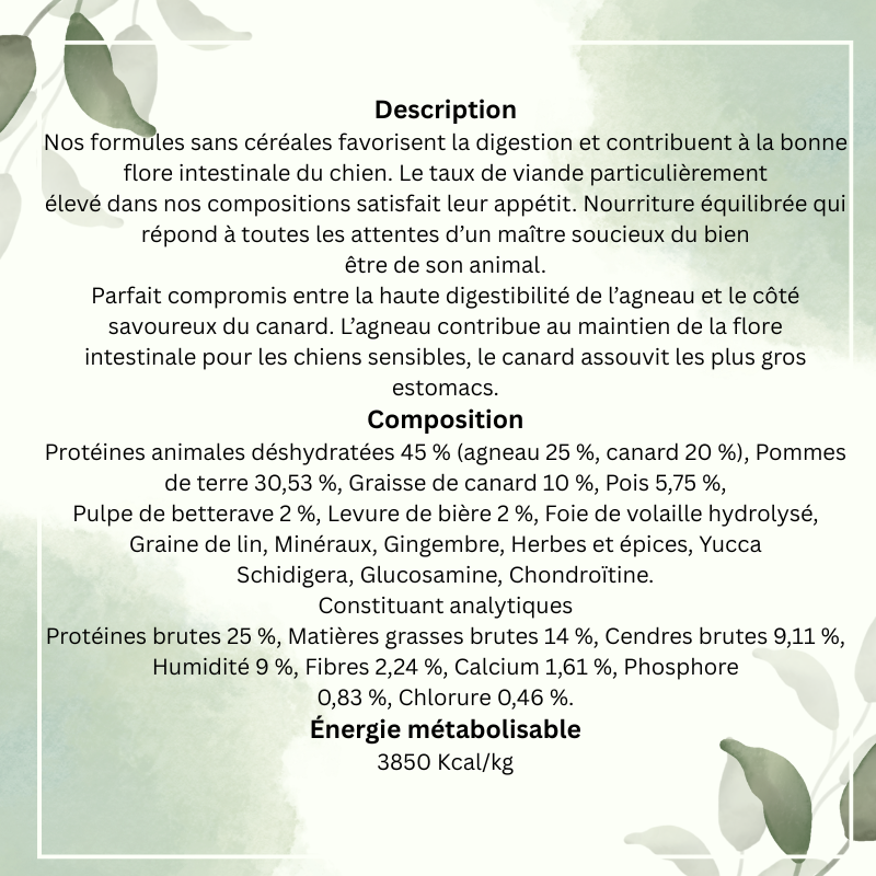 Croquettes Chien adulte DIGESTION + à l'Agneau et au Canard 12Kg