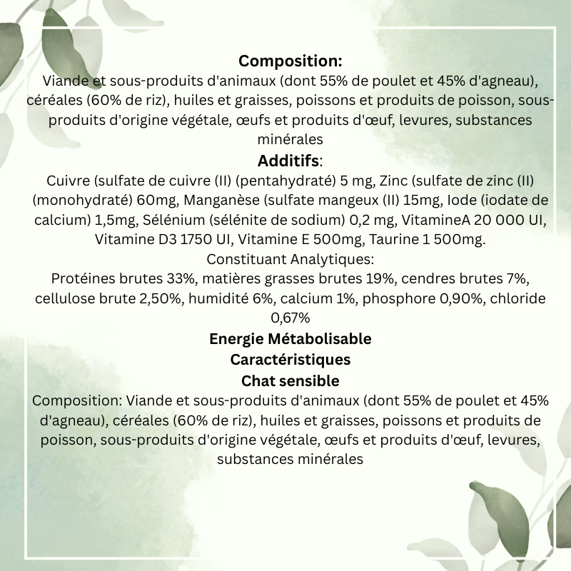 Croquettes Premium pour Chat Sensible Adulte au Poulet, Agneau et Poisson 10Kg