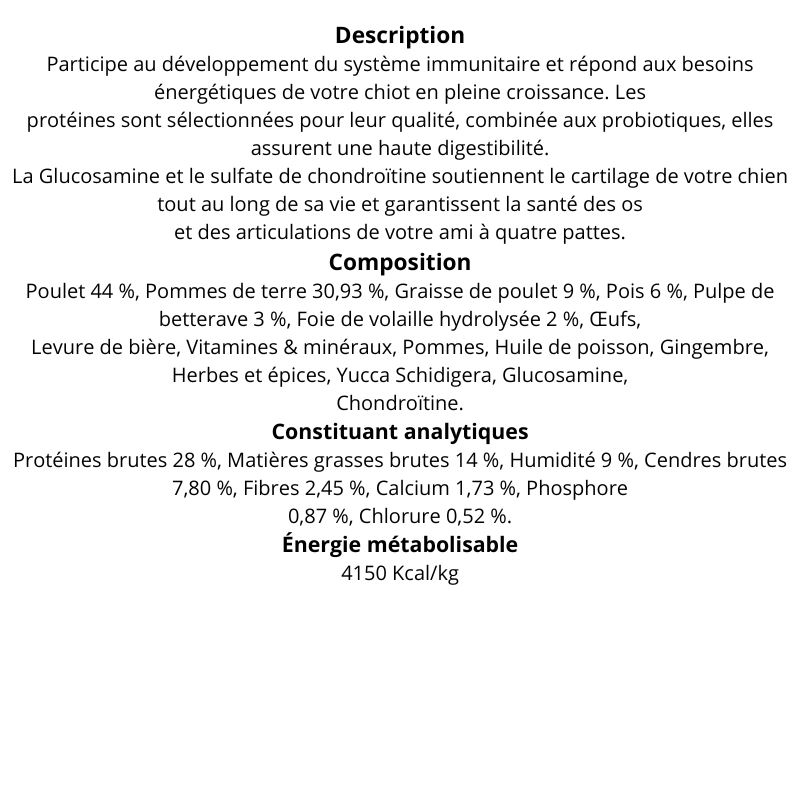 Croquettes Chiot Poulet Sans Céréales 55% en 12Kg