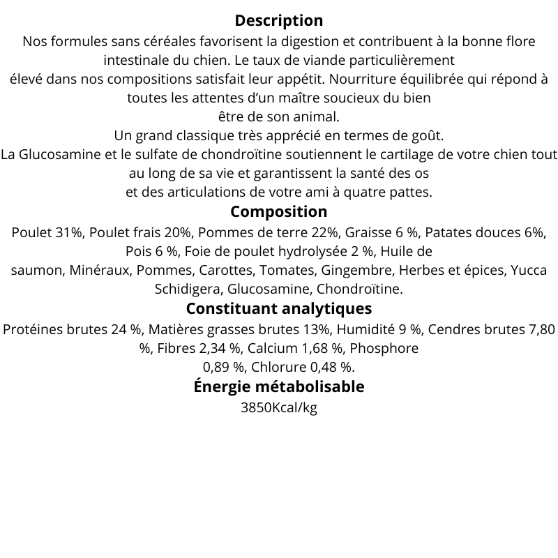 Croquettes adulte et séniors au poulet frais et sans céréales en 12Kg
